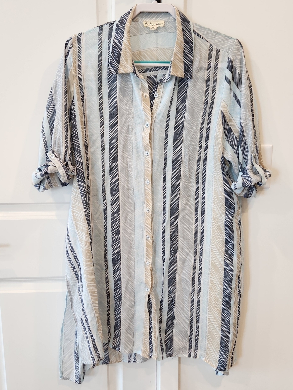 Bungalow Rose Vertical Stripe Button-Up Tunic - Blue & Tan